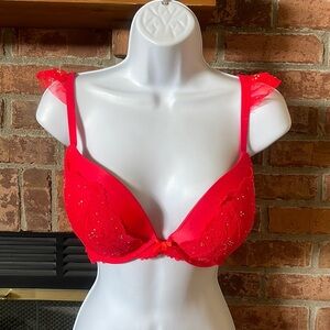 Victoria's Secret Dream Angels Push-Up Bright Red/Orange Lace Detail Bra 34DD